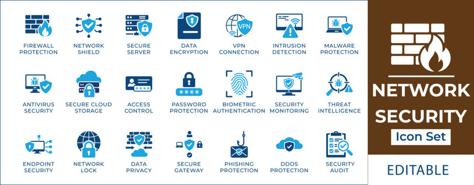 Network security icon set featuring firewall protection, secure server, VPN connection, data encryption, biometric authentication, intrusion detection, and cyber defense symbols.