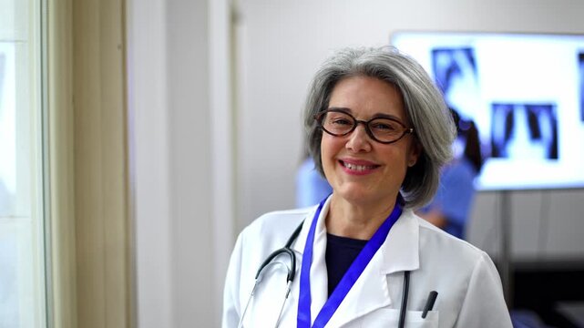 Mature woman doctor smiling at the camera in a hospital conference room