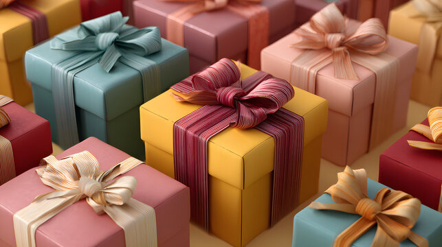 Colorful gift boxes with textured ribbons and bows in pastel and jewel tones, arranged in a festive pattern. High-detail holiday and celebration concept suitable for packaging, banners, and seasonal d