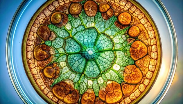 Detailed cross-section of a plant stem revealing intricate cellular structures and vascular bundles under magnification.