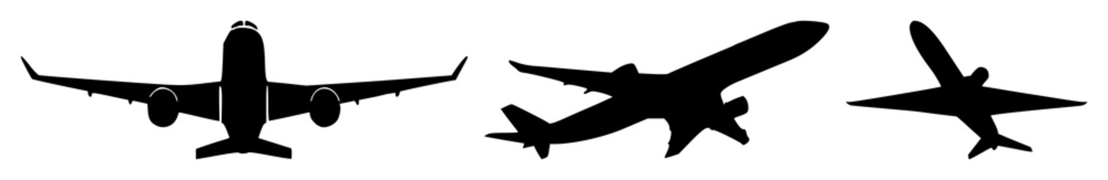 Commercial airplane set with minimalist vector icon ascending at a slight upward angle featuring clean lines, solid black fill, monochrome palette with high contrast and professional travel aesthetic