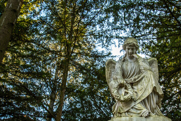 Naklejka premium Pensive Winged Angel Statue Under Trees
