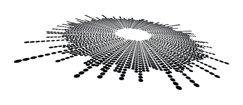 Abstract halftone radial dots pattern in 3D perspective. Vector black and white circular sound wave or sunburst explosion isolated on white background.