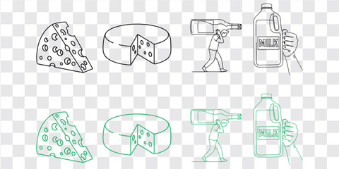 Fototapeta premium Cheese Dairy Products Food Illustration Set Vector Line Art Icon Collection