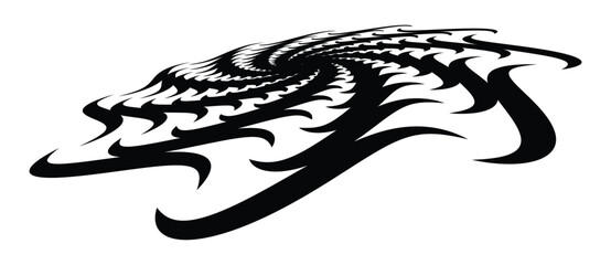 Obraz premium Abstract monochrome tribal spiral vortex with sharp jagged shapes. Vector graphic background with aggressive motion effect and perspective distortion.