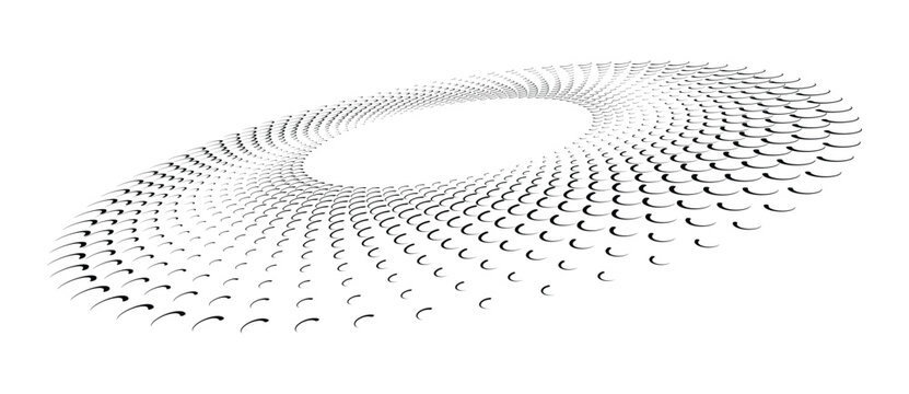Torus ring shape built from repeating black crescent arcs arranged in perspective, simulating halftone volume. Monochrome vector geometric illustration isolated on white.