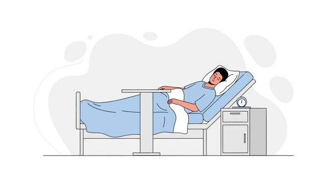 Patient resting in hospital bed with bedside table and clock