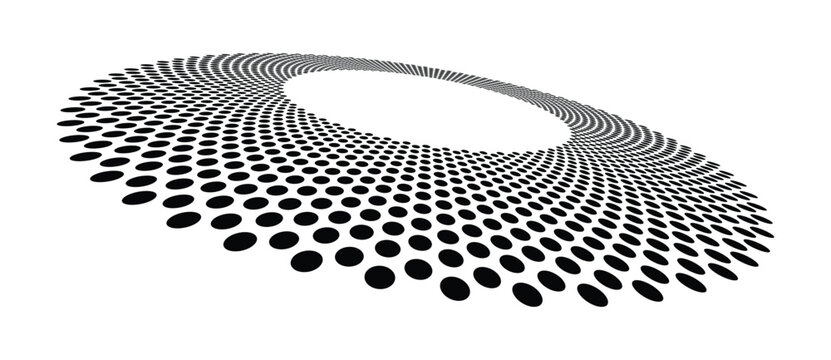 Torus ring shape built from concentric rows of circular dots gradually decreasing in size toward inner edge, viewed in perspective. Monochrome halftone vector illustration isolated on white background