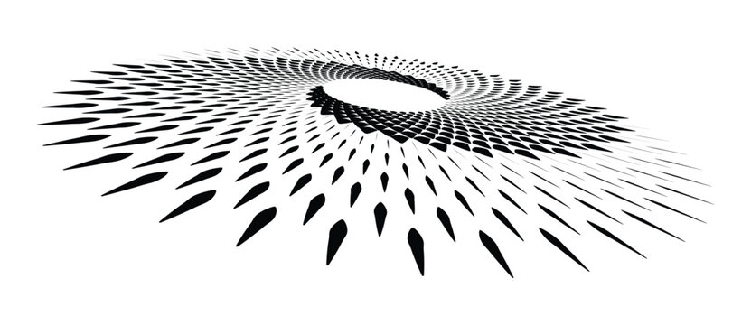 Abstract monochrome spiral vortex with geometric sector shapes in perspective. Vector halftone background with radial motion for logo and icon design.