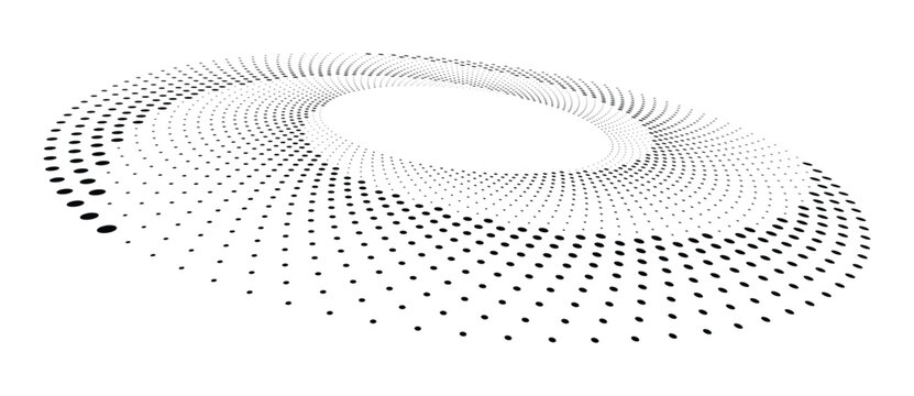 Abstract monochrome spiral ring made of fading dots in perspective. Vector halftone geometric background with circular motion for logo and icon design.