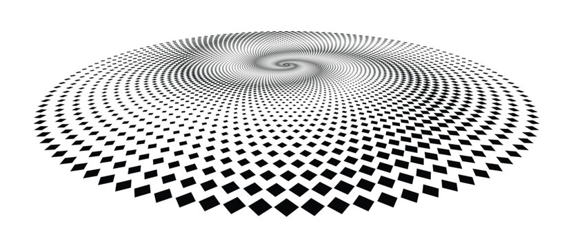 Abstract monochrome spiral vortex with rhomboid shapes in perspective. Vector halftone geometric background for logo and icon design.