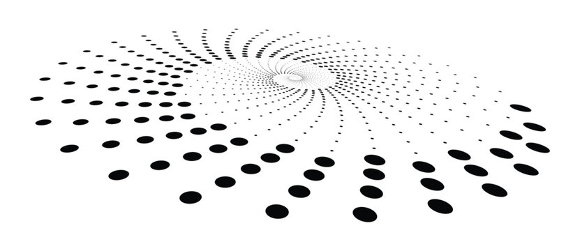 Abstract monochrome spiral vortex of halftone dots in perspective. Vector geometric background with radial expansion for logo and icon design.