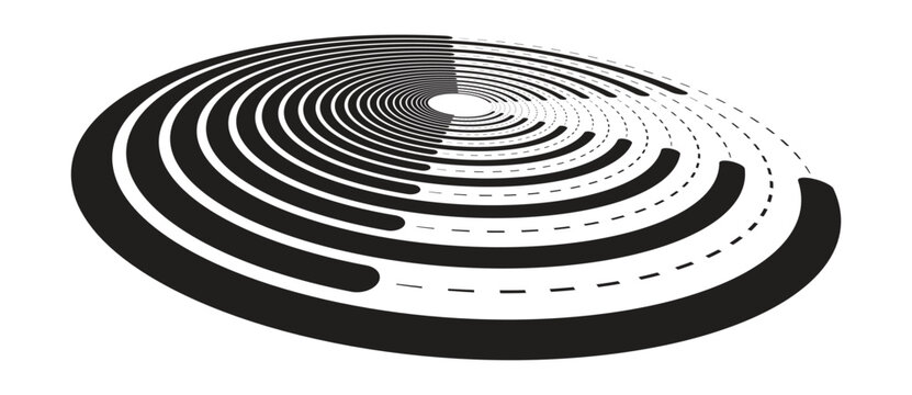 Abstract monochrome spiral of dashed and solid concentric lines in perspective. Vector geometric background for technology logo and icon design.