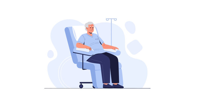 Elderly man receiving chemotherapy treatment in a recliner chair with IV drip