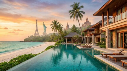 Fototapeta premium Elite beachfront villa with infinity pool and global monuments at dusk. An architectural shot of a modern luxury wooden villa on a tropical beach. A long, pristine infinity pool reflects 