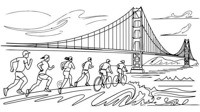 Bridge with cyclists and pedestrians line illustration urban transport lifestyle sketch