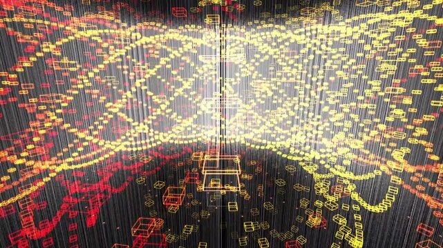 Massive monolithic server pillars in concentric rings rotate as industrial orange data sweeps vertically. Visualizes hyperscale cloud optimization. Works for enterprise IT and data center brand films.