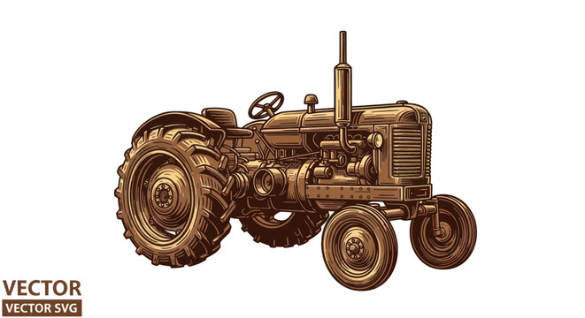 Vintage tractor illustration, retro farm vehicle, agricultural machinery, sepia tones, white background