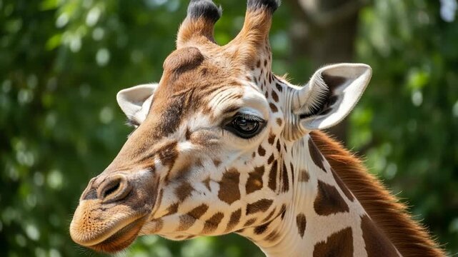 Close up profile of a spotted giraffe head against a blurred green background