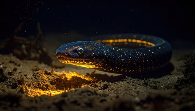 Electric Eel Emitting Faint Bioluminescence in Deep Underwater Environment, Showcasing Nature's Unique Power
