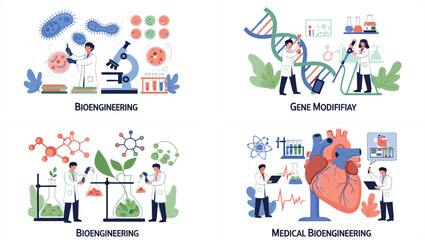 Fototapeta premium Bioengineering and Genetic Engineering Laboratory Concept Set with Scientists, DNA Research, Medical Biotechnology, Gene Modification and Scientific Innovation Vector Illustration