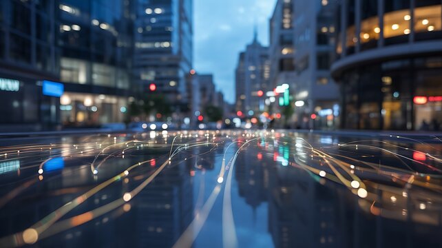 Wet city street at night, reflecting bokeh lights, urban landscape background, blurred cityscape, city reflection