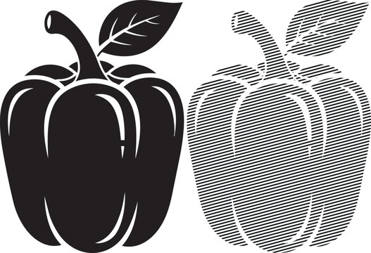 Black and white illustration of a pepper and apple with contrasting textures