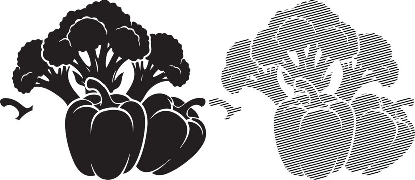Contrasting artistic depictions of broccoli in black and white and cross-hatched styles
