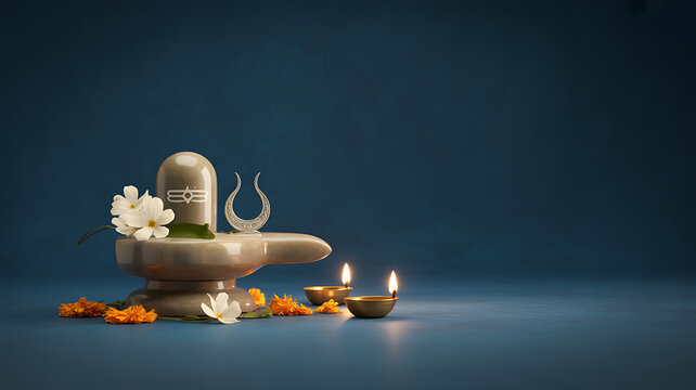 Sacred stone lingam with lit candles and flowers on a dark background