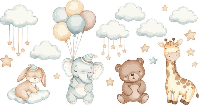 Watercolor nursery animals and decorations with clouds and balloons