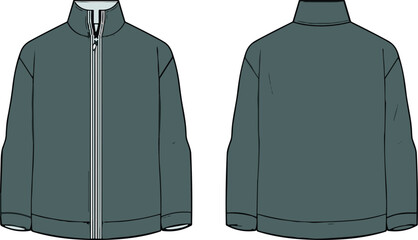 CAD drawing flat vector illustration of front and back view windbreaker jacket, technical fashion sketch, apparel design template, unisex outerwear. © meri999