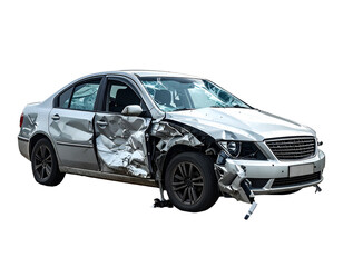 Fototapeta premium Damaged silver sedan with crumpled side panels and shattered windshield after collision