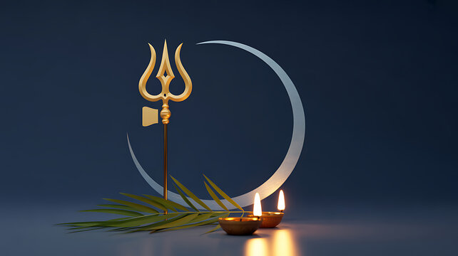 Golden trident with crescent moon, lit candles, and palm leaves on a dark background