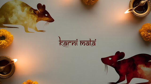Artistic depiction of rats with marigold flowers and oil lamps, featuring the text 'karni mata'