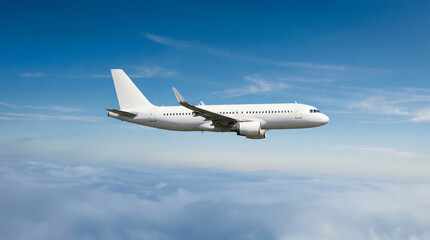Obraz premium Side view of white airplane commercial jet plane Airbus A320 in the sky with copy space mockup for airline branding and travel advertising isolated look against blue sky and soft clouds