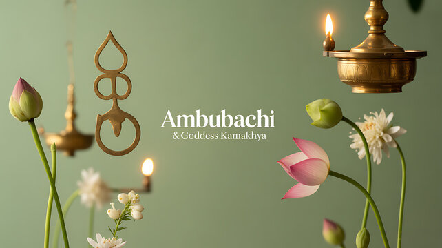 Ambubachi and Goddess Kamakhya depicted with traditional oil lamps, flowers, and symbolic ornaments against a serene green background