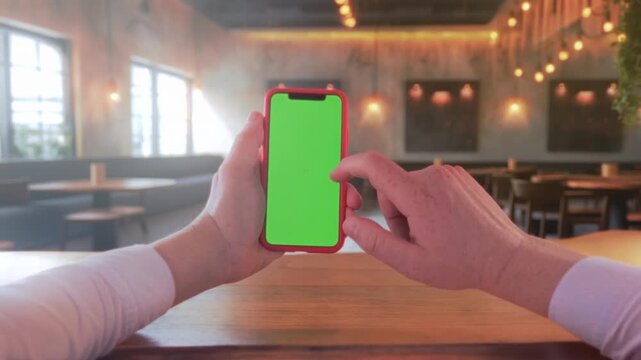 Urban cafe guest interacts via mobile device, Relaxed city cafe setting with digital ordering and cozy ambiance