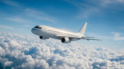 Obraz premium White airplane commercial jet plane Airbus A320 flying above clouds under blue sky scenic aerial view travel passenger transport aircraft aviation industry airline flight vacation holiday trip