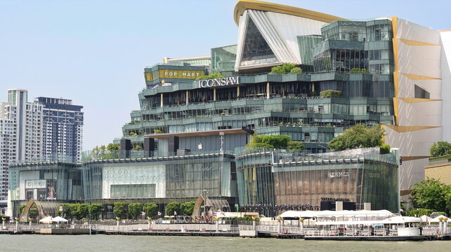 The iconic iconsiam luxury shopping mall complex stands along the chao phraya river under a clear blue sky in Thai capital Bangkok