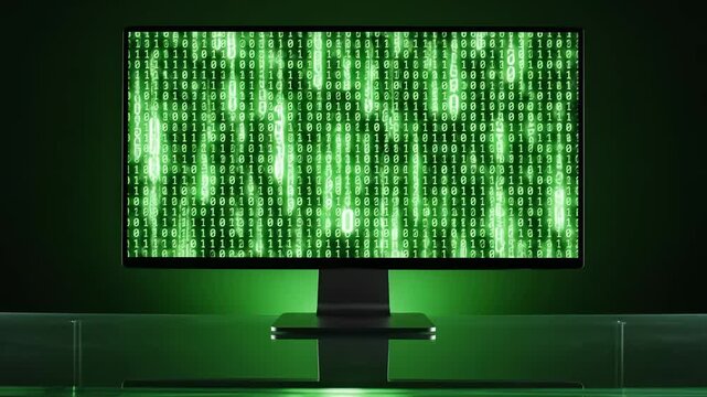 Four sleek monitors showcase a mesmerizing stream of green binary code, resembling digital rain. The bright projections illuminate the dark space, creating an immersive high-tech atmosphere.