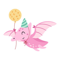 Pink Dinosaur Birthday with Balloon and Party Hat. Cartoon Festive Character, Jurassic Animal Vector Illustration © JulzaArt