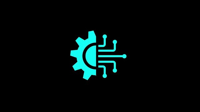 Tech Gear and Circuit Icon animation. AI Automation Engineering video. Industry 4.0 Symbol on black background