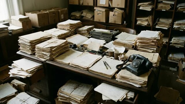 Retro office desk overflowing with stacks of vintage paper documents and a rotary phone