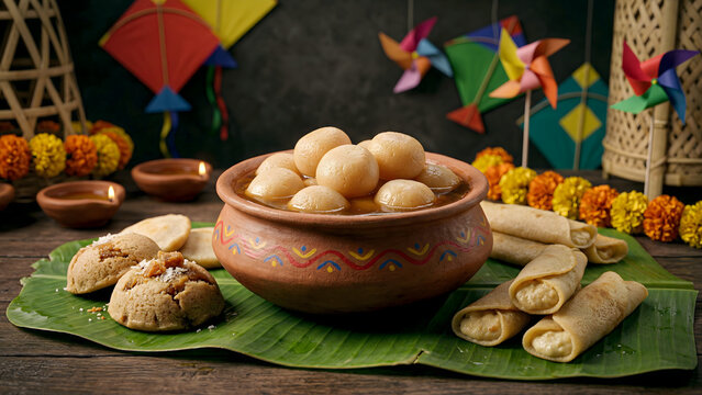 Pohela Boishakh Festival Food Scene with Rosogolla and Traditional Pitha on Banana Leaf