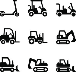 Naklejka premium Black silhouettes of various construction and transportation vehicles construction vehicles