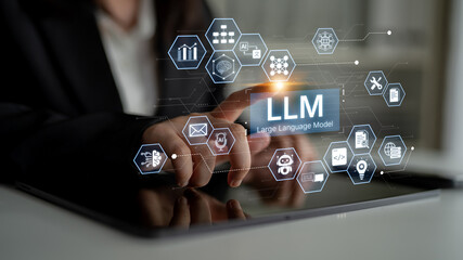 Large Language Model LLM processing data. Represents deep text learning, natural language processing NLP AI tech, transformer architecture, and generative AI deep learning future technology. Corpus © InfiniteFlow