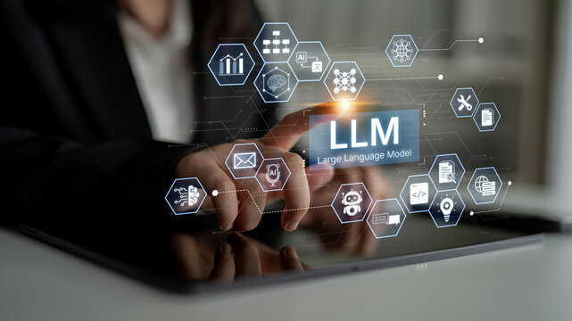 Large Language Model LLM processing data. Represents deep text learning, natural language processing NLP AI tech, transformer architecture, and generative AI deep learning future technology. Corpus