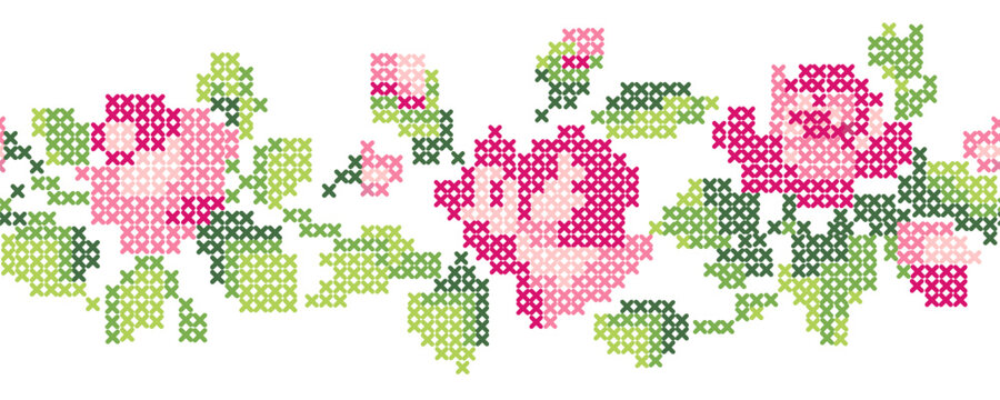 Seamless Cross Stitch Floral Border Vector Pink Rose Embroidery Lace Pattern Cottagecore Vintage Ornament