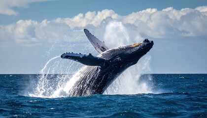 Naklejka premium Majestic humpback whale leaps from the ocean in a powerful breach, showcasing natural spectacle against blue sky and clouds