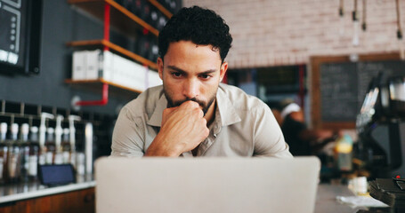 Fototapeta premium Thinking, businessman and plan with laptop in cafe, remember and decision for article and journalism. Creative, person and reflection for story deadline, serious and reporter with tech for project